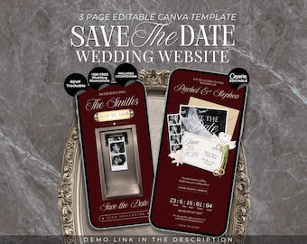 Burgunderrote Fotobox-Website-Vorlage mit Countdown-Timer: Klassische Einladung im Vintage-Retro-Stil für eine Hochzeit (Canva-Vorlage)