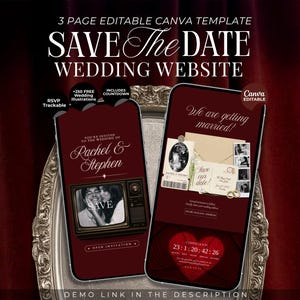 Burgundy Old Money Save the Date Wedding Website Template Canva I Editable Digital Invitation with RSVP & Countdown