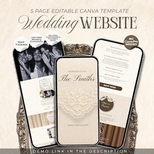 Könnte beinhalten: Eine 5-seitige bearbeitbare Canva-Hochzeitswebsite-Vorlage, dargestellt auf drei Smartphones. Die Bildschirme zeigen Text wie "Wedding WEBSITE", "Introducing The Smiths" und "RSVP HERE" in Creme- und Brauntönen mit Spitzenmotiven.
