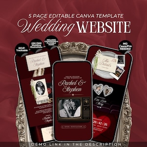 May include: A 5-page editable Canva wedding website template featuring a deep red colour scheme. The design includes mobile screens displaying invitation details, a countdown timer, RSVP options, and photo galleries with text reading Rachel & Stephen.