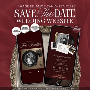 Pode incluir: Um modelo Canva editável de 3 páginas para um site de casamento, exibido em dois smartphones. As telas apresentam um tema vermelho escuro com texto incluindo SAVE THE DATE, WEDDING WEBSITE, The Smiths e um cronômetro. Inclui RSVP e música.