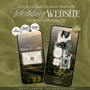 Könnte beinhalten: Eine 5-seitige bearbeitbare Canva-Vorlage für eine Hochzeitswebsite mit Countryside-Konzept. Zwei Smartphones zeigen die digitale Einladungsoberfläche mit Umschlag-Grafik, RSVP-Tracking, Countdown-Timer und Musik-Integrationsoptionen.