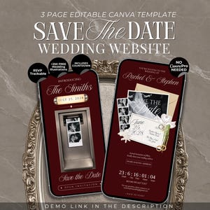 Burgundy Photobooth Save The Date Website Template Countdown Timer: Old Money Classic Invitation Vintage Retro Wedding Canva Template