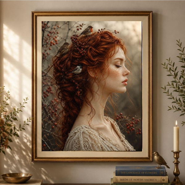 Surreal Victorian Wall Art  "The Keeper of Winter's Song" Poster |  Birdcage Portrait Art Print | Whimsical Bird & Nature Decor