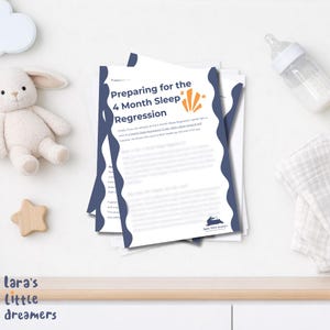 May include: A stack of white informational sheets titled Preparing for the 4 Month Sleep Regression with dark blue wavy borders, orange star graphics, and a small rabbit logo at the bottom, accompanied by a plush rabbit toy and a baby bottle.