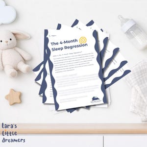 May include: A stack of white informational sheets titled The 4-Month Sleep Regression with dark blue wavy borders. The text explains developmental changes in infants. The sheets feature a yellow spiral icon and a small rabbit logo at the bottom.