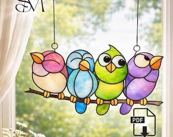 Motivo a vetrata con uccellini in stile famiglia PNG / Modello acchiappasole con uccellini / Decorazione per finestre fai da te adatta ai principianti