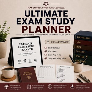May include: A digital Ultimate Exam Study Planner set featuring a tablet displaying the planner, a physical maroon study planner, printed weekly schedule and checklist pages, and a stack of books labelled for major exams like the Bar, LSAT, and MCAT.