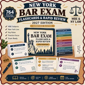 May include: A 2027 New York Bar Exam flashcard set featuring 764 printable cards, a box with the Statue of Liberty, and colour-coded subject dividers. Includes cards for Civil Procedure, Contracts, Torts, and Evidence, plus a pen and binder clip.