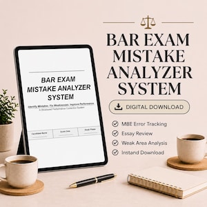 Op de afbeelding: Advertentie voor een Bar Exam Mistake Analyzer System. De afbeelding toont een tablet met de interface van het systeem, samen met koffiekopjes, een pen en een notitieblok. De tekst bevat "Digitale download" en functies zoals MBE-foutopsporing.
