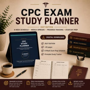 May include: A digital CPC Exam Study Planner 2027 Edition featuring an 8-week schedule, weekly spreads, and progress tracking. The set includes a tablet displaying the planner, a spiral-bound notebook, a small journal, and a coffee mug.