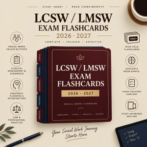 Puede incluir: Un juego de tarjetas de estudio LCSW/LMSW color granate para 2026-2027 con separadores etiquetados como Ethics, Clinical, Assessment, Treatment y Practice. La portada tiene texto dorado y un icono de loto, rodeado de iconos de estudio.