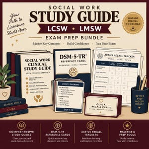 May include: A social work study guide exam prep bundle for LCSW and LMSW, featuring a clinical study guide book, DSM-5-TR reference cards, an active recall tracker, and quick recall cards. The set includes a pen holder with pens and a small potted plant.