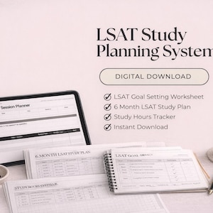 May include: An LSAT Study Planning System digital download is displayed with a tablet, study plan worksheets, a coffee cup, and a pen. The text includes "LSAT Study Planning System" and "Digital Download."