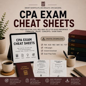 Puede incluir: CPA Exam Cheat Sheets descarga digital con materiales de estudio para FAR, AUD, REG, BAR, ISC y TCP. Incluye una tableta con contenido del examen, un planificador de estudio, tarjetas de referencia impresas y una pila de libros etiquetados.