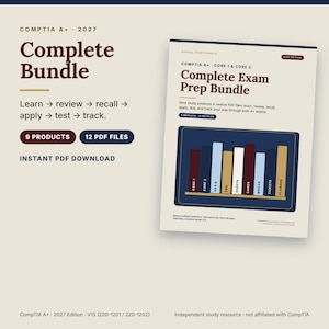 May include: A digital study bundle for CompTIA A+ 2027 exams. The graphic features the text Complete Bundle, Learn, review, recall, apply, test, track, 9 PRODUCTS, 12 PDF FILES, and an illustration of a bookshelf with labeled study guides.
