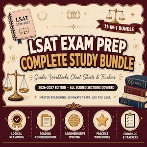 May include: An LSAT exam prep complete study bundle featuring a spiral-bound notebook, a stack of law books, and a golden scale of justice. The text reads LSAT EXAM PREP COMPLETE STUDY BUNDLE, 11-IN-1 BUNDLE, 2026-2027 EDITION, and includes icons for logical reasoning, reading comprehension, argumentative writing, practice workbooks, and error log trackers.