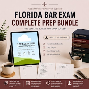May include: A digital Florida Bar Exam complete prep bundle featuring a tablet displaying study materials, a stack of five law books, printed checklists, a study plan, and a coffee mug. Text includes "Florida Bar Exam Complete Prep Bundle" and "Digital Download".