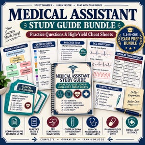 May include: A Medical Assistant study guide bundle featuring a spiral-bound book, clinical flowcharts, flashcards, and cheat sheets. The materials include practice questions, ECG waveforms, medical terminology tables, and procedure checklists.