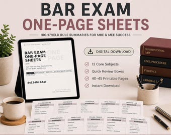 Bar Exam One-Page Sheets | High-Yield MBE & MEE Rule Summaries | Quick Review Study Guide