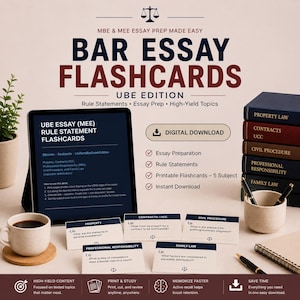 Peut inclure: Ensemble de fiches de révision Bar Essay Flashcards UBE Edition en téléchargement numérique couvrant cinq matières : Property, Contracts/UCC, Civil Procedure, Professional Responsibility et Family Law. Inclut une tablette, cinq fiches, une tasse et un stylo.