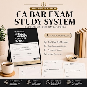 Op de afbeelding: Een digitaal studiesysteem voor het Californische balie-examen met een tablet die een bundel met sjablonen voor casusoverzichten toont. De set bevat geprinte werkbladen voor IRAC-casusoverzichten, samenvattingsbladen en een precedent-tracker.