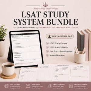 May include: A digital LSAT study system bundle featuring a tablet displaying a goal setting page, alongside printed study planners, schedules, and organizers. The text includes Law School Study Tools, LSAT Study System Bundle, and Digital Download.