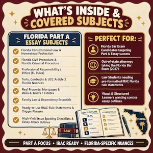 May include: An educational infographic titled WHAT'S INSIDE & COVERED SUBJECTS listing Florida Bar Exam topics including Constitutional Law, Civil and Criminal Procedure, Ethics, Torts, Contracts, Real Property, and Family Law, with an open book showing IRAC.