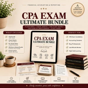 May include: A CPA Exam Ultimate Bundle study package featuring a tablet displaying exam materials, printed cheat sheets, a ring-bound flashcard set, a spiral-bound study plan, and four stacked textbooks labeled Financial Accounting, Auditing, Regulation, and Business Environment.