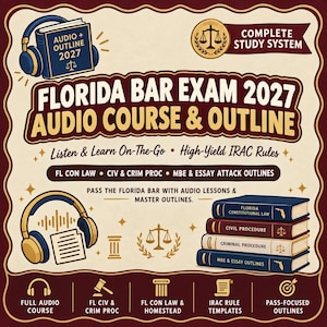 May include: A study guide for the Florida Bar Exam 2027 featuring an audio course and outlines. The graphic includes illustrations of headphones, a stack of four law books, and legal symbols like scales of justice and columns on a cream background.