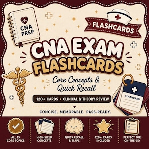 May include: CNA Exam Flashcards set featuring a cream background with dark red accents. The text reads CNA Exam Flashcards, Core Concepts & Quick Recall, 120+ Cards, Clinical & Theory Review, Concise. Memorable. Pass-Ready. Includes icons of a notebook, nurse cap, caduceus, and a stack of cards.
