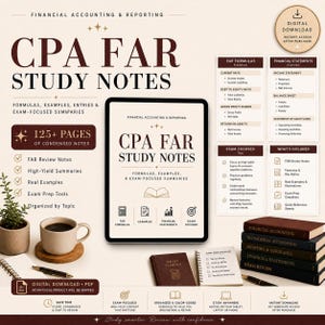 May include: A digital download of CPA FAR study notes featuring a tablet displaying the title, alongside printed formula sheets, a stack of five dark brown books, a notebook, a pen, and a coffee mug. The text includes CPA FAR STUDY NOTES.