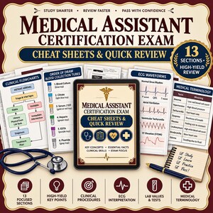 Puede incluir: Una tableta digital muestra la portada del Medical Assistant Certification Exam Cheat Sheets & Quick Review, rodeada de guías de estudio impresas, un estetoscopio y un bloc de notas con el texto Study, Learn, Practice, Pass! sobre un fondo oscuro.