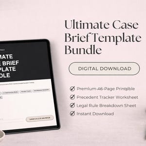 May include: A digital tablet displays the text "ULTIMATE CASE BRIEF TEMPLATE BUNDLE" in white against a black background. The image also includes a coffee cup, a pen, and a notepad. The text "DIGITAL DOWNLOAD" is also visible.