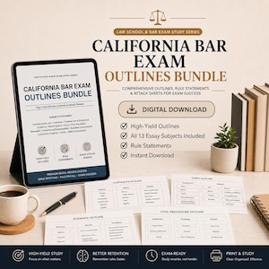 May include: A digital California Bar Exam Outlines Bundle displayed on a tablet screen, accompanied by printed study sheets for Contracts, Torts, Evidence, and Civil Procedure. The set includes a coffee mug, a pen, and a small potted plant.