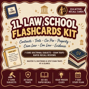 Puede incluir: Un kit de tarjetas de memoria 1L Law School con 224 tarjetas de recuerdo activo que cubren 7 materias principales: contratos, agravios, derecho procesal civil, propiedad, derecho penal, derecho constitucional y pruebas, con trampas de examen y plan.