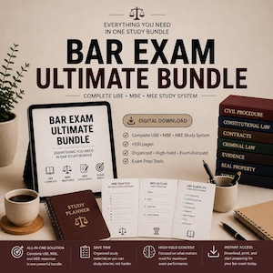 May include: A digital bar exam study bundle featuring a tablet displaying study materials, a spiral-bound study planner, and printed cards for MBE practice, MEE outlines, and UBE subjects. A stack of books labeled with legal topics sits nearby.