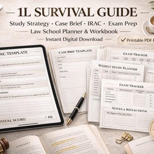 Puede incluir: Un planificador y cuaderno digital para la escuela de derecho titulado "1L Survival Guide". La imagen presenta una tableta que muestra una plantilla IRAC, junto con guías de estudio impresas, un bolígrafo y una taza de café. El texto incluye "Study Strategy", "Case Brief" y "Exam Prep".