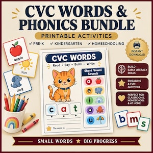 May include: A CVC Words & Phonics Bundle printable activity set featuring a worksheet with an orange cat illustration, vowel sound charts, and flashcards showing an apple, sun, and dog. Includes a cup with colored pencils and letter tiles.