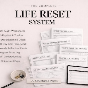 Peut inclure: Ensemble de feuilles de travail imprimées et une tablette, avec le texte "LIFE RESET SYSTEM". Comprend des feuilles de travail pour le suivi des habitudes, les cadres d'objectifs et la réflexion. Une tasse de café, des lunettes et un stylo sont également visibles.