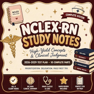 May include: A digital graphic for NCLEX-RN study notes featuring a spiral notebook, a nurse cap, a caduceus symbol, and a stack of five books labeled Med-Surg, Maternity, Pediatrics, Pharmacology, and Mental Health. Text includes 2026-2029 Test Plan.