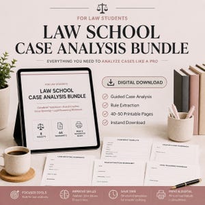 Puede incluir: Un paquete digital de análisis de casos para estudiantes de derecho con una tableta que muestra plantillas de resúmenes de casos, extracción de reglas y hojas de trabajo. Incluye 44 hojas, 8 materias y 40-50 páginas imprimibles.
