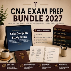 May include: CNA Exam Prep Bundle 2027 digital download featuring a tablet displaying a study guide, a spiral-bound study planner, an open notebook with high-yield tables and exam topics, and a stack of five labeled books with pens in a cup.