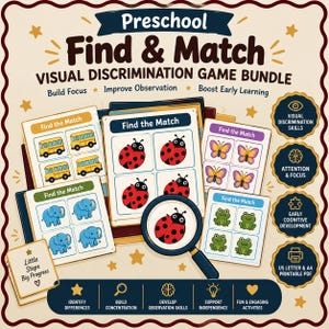 Könnte beinhalten: Ein Preschool Find & Match visuelles Diskriminationsspiel-Paket mit mehreren Aktivitätsblättern, die Illustrationen von gelben Schulbussen, Marienkäfern, Schmetterlingen und Fröschen zeigen. Eine Lupe ist enthalten, zusammen mit pädagogischem Text.