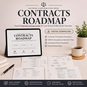 May include: A digital study guide titled Contracts Roadmap for law school and bar exams. The set includes a tablet displaying the cover, printed flowcharts, checklists, and attack sheets. Features include a black pen and a coffee mug.