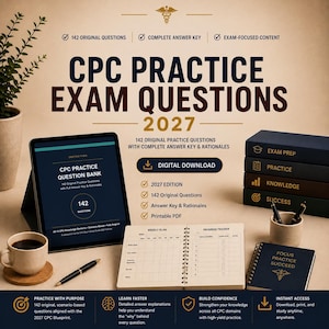 May include: A digital study resource for the 2027 CPC Practice Exam, featuring a tablet displaying a question bank, a weekly planner, a notebook labelled Focus Practice Succeed, and a stack of books titled Exam Prep, Practice, Knowledge, and Success.