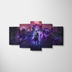 May include: A five-panel canvas wall art set featuring a dark fantasy illustration of a central figure in a black coat surrounded by glowing purple spectral warriors and shadowy armored entities against a deep red and purple atmospheric background.