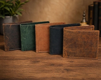 Cartera plegable de piel de búfalo auténtica, estilo vintage desgastado, tarjetero delgado.