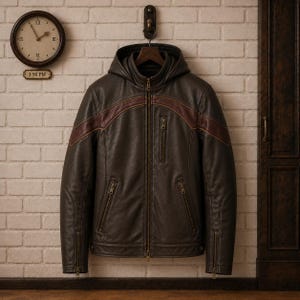 May include: A dark brown leather jacket with a hood, featuring a horizontal reddish-brown accent stripe across the chest and shoulders. The jacket includes a full-length front zipper, one vertical chest pocket, two lower side pockets, and zippered cuffs.