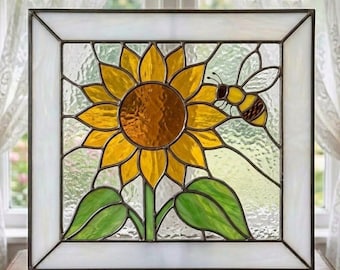 Patrón de vitral con diseño de abeja y girasol (PDF), panel floral para ventana - CATN08